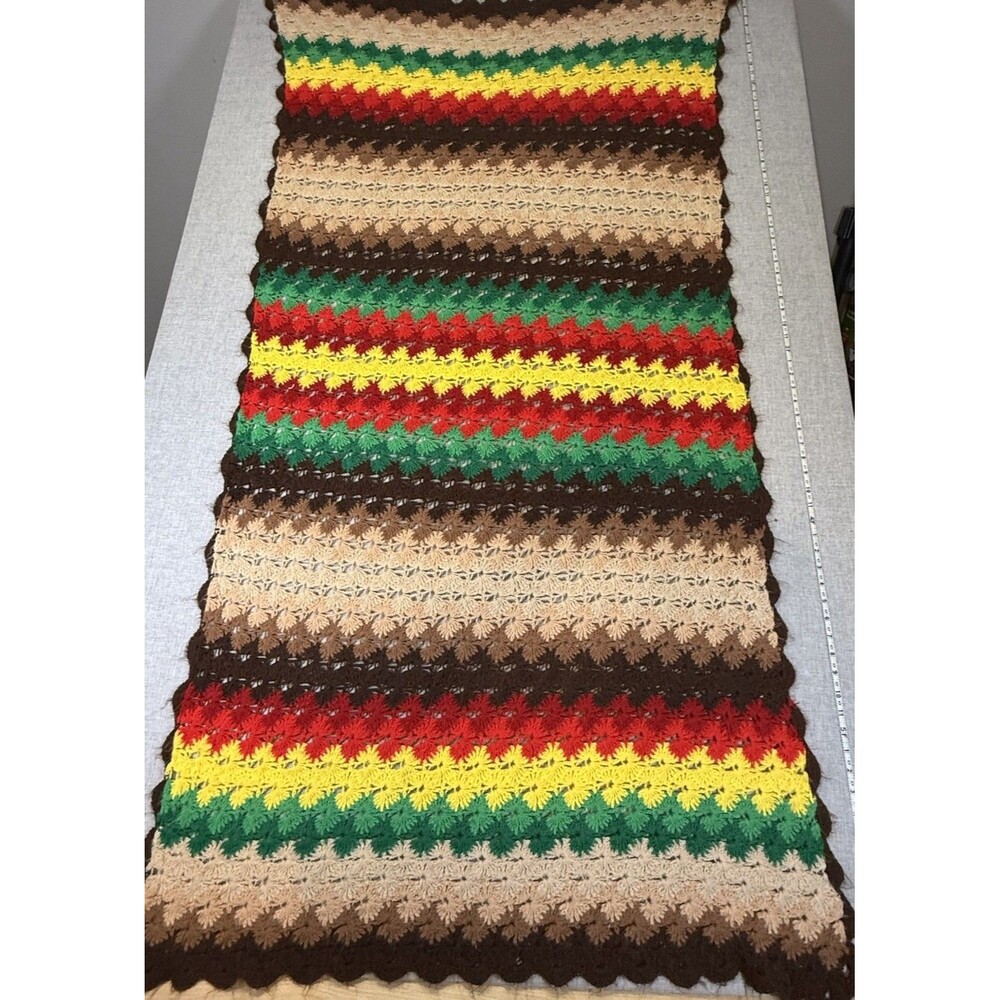 Vtg Grannycore Crochet Bavarian Afghan Blanket Earthtone Rasta Chevron 36"x72"